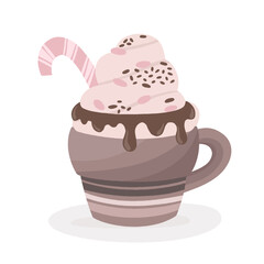 Christmas mug with creamy drink. Christmas mug with hot drink coffee, chocolate. Hand drawn Christmas coffee mug in flat style.