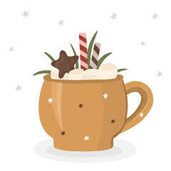 Christmas mug with creamy drink. Christmas mug with hot drink coffee, chocolate. Hand drawn Christmas coffee mug in flat style.