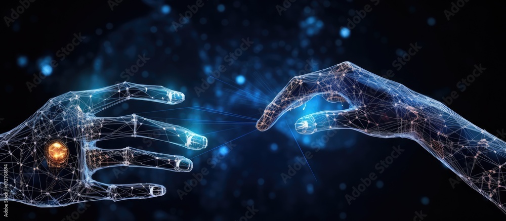 Aufkleber ai, machine learning, robot hand and human touch on big data network connection, data exchange
