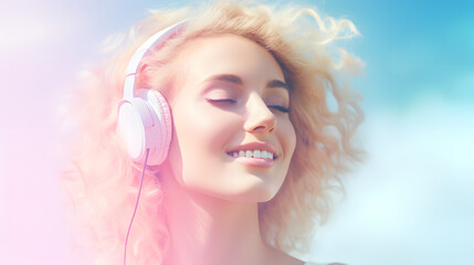 portrait of a blond woman with headphones listening to music close up image in pastel colors