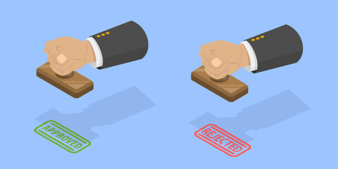 3D Isometric Flat Vector Illustration of Approved And Rejection Stamps , Paper Document