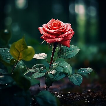 Close-up photo showcases raindrops glistening on a vibrant red rose surrounded by luscious green foliage, depicting the refreshing beauty of nature in exquisite detail.