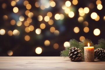 Obraz na płótnie Canvas Merry Christmas and Happy New Year background with empty wooden table over Christmas tree and blurred light bokeh. Empty display for product placement. Rustic vintage Xmas 2024 background. comeliness