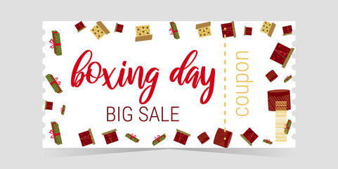 Boxing Day coupon color template layout vector. Frame made of gifts. Gift Boxes.