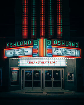 Ashland Theatre neon sign at night, Ashland, Virginia