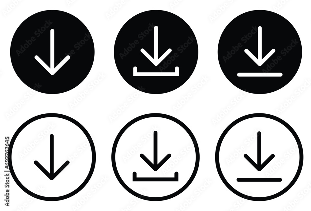 Poster download icon set.stream down website button collection.round down arrow line icon for apps and webs