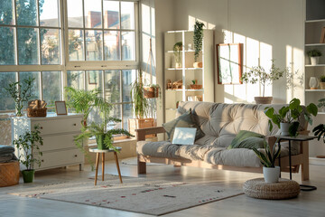 Interior of light living room with green plants, sofa and shelf unit