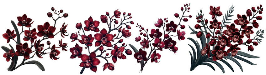 Branch of Cambria orchid with dark red flowers. Hand drawn vector illustration isolated on white background.