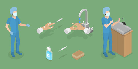 3D Isometric Flat Vector Illustration of Surgical Hand Scrubbing, Washing Hands