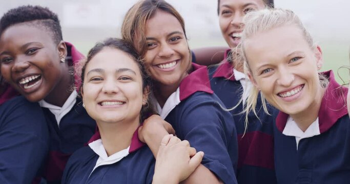 Rugby, sports team and women smile on face, happy and ready for training on outdoor field. People, exercise and practice for competition, collaboration and support or solidarity for game in portrait