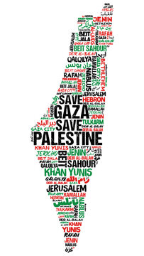 Name of different cities of Palestine creating word cloud artwork in the shape of Palestine map with Palestine colors