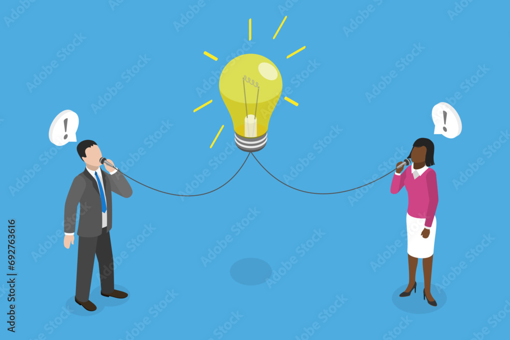 Poster 3d isometric flat vector illustration of good communication skills, problem discussing and brainstor