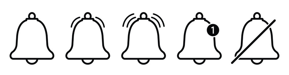 Notification bell icon isolated on white background.Alarm symbol. Incoming inbox message. Ringing bells. Alarm clock and smartphone application alert.Vector illustration - obrazy, fototapety, plakaty