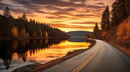 A serene lake with a winding road.