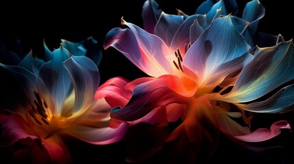 Abstract flowers set against a dramatic black background.