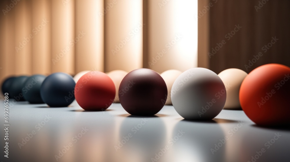 Poster a row of colored eggs lined up on a table with one egg in the middle, ai