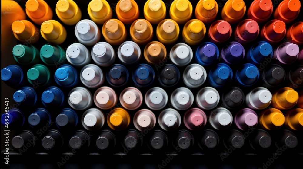 Poster a large number of different colored markers are lined up in a row, ai