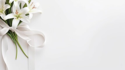 Christianity wooden cross with white lilies on a white background with copy space. Holy easter - obrazy, fototapety, plakaty