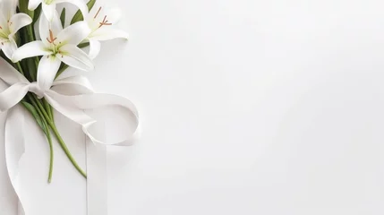 Fotobehang Christianity wooden cross with white lilies on a white background with copy space. Holy easter © Pelayo