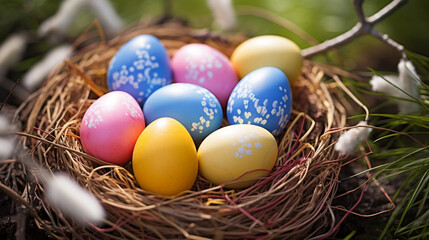 Obraz premium Delicate Easter eggs find a new home in the grass after a basket spill, adding a burst of color to the serene landscape