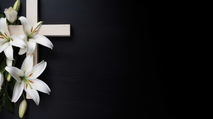 Christianity wooden cross with white lilies on a black background with copy space. Holy easter - obrazy, fototapety, plakaty
