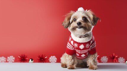 An image of a dog dressed in a knitted Christmas sweater on a soft pastel background.