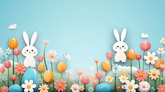 Colorful easter banner with easter eggs, rabbits and flowers. copy space. happy easter. space for text