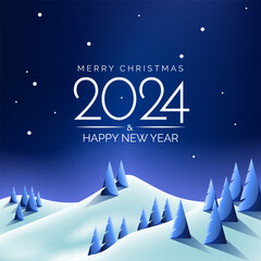 Happy New Year 2024 and Merry Christmas greeting card with lettering and snowy night mountains forest, vector illustration