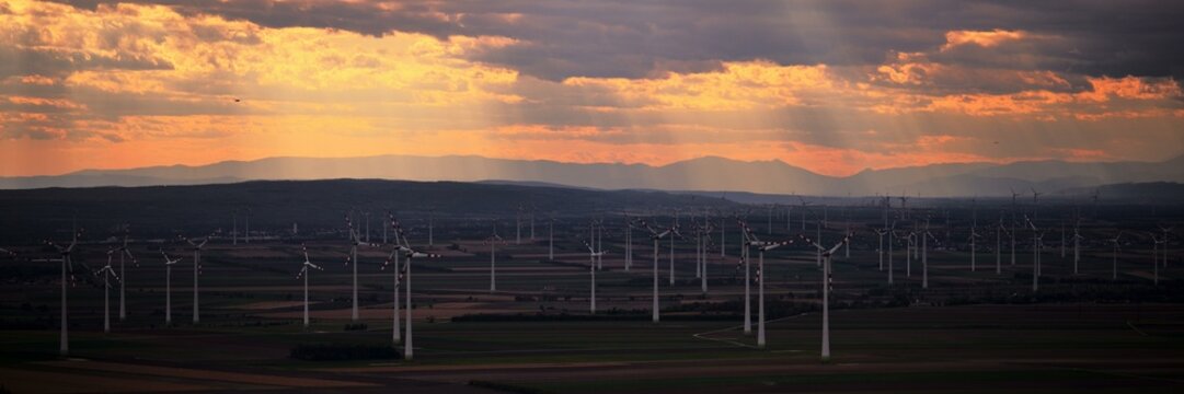 Wind turbines and fields, seen from Hundsheimer Berg, Hundsheim, Lower Austria, Austria, Europe