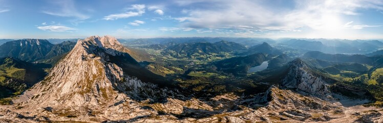 Alpine panorama, aerial view, evening mood in the mountains, view of Schaffauer with Hintersteiner See, Wilder Kaiser, Tyrol, Austria, Europe