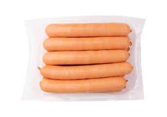 fresh boiled sausages in transparent plastic container isolated on white background with clipping path