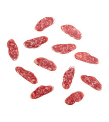 slices of salami isolated on white background with clipping path, concept of tasty food with salami...