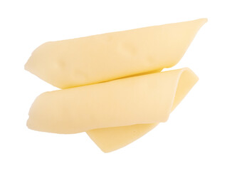 folded slices of cheese isolated on white background with clipping path, pieces of sliced gouda cheese laid out to create layout