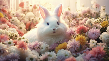 A fluffy white Easter bunny nestled in a bed of pastel-colored flowers, radiating the joy and charm of the festive holiday season.
