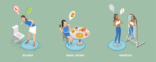 3D Isometric Flat Vector Illustration of Teenages Eating Disorders, Abnormal Dating Behaviors that Negatively Affect Physical or Mental Health - obrazy, fototapety, plakaty