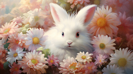 A fluffy white Easter bunny nestled in a bed of pastel-colored flowers, radiating the joy and charm of the festive holiday season.