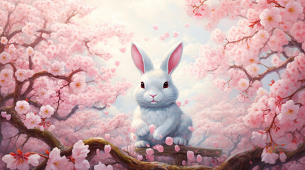 A whimsical Easter bunny sitting among blooming cherry blossoms, symbolizing the beauty and renewal of the spring season.