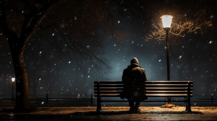 An old man sitting alone on a bench in a snow park.