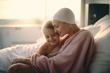 woman mother with cancer with child in hospital bed smiling - obrazy, fototapety, plakaty