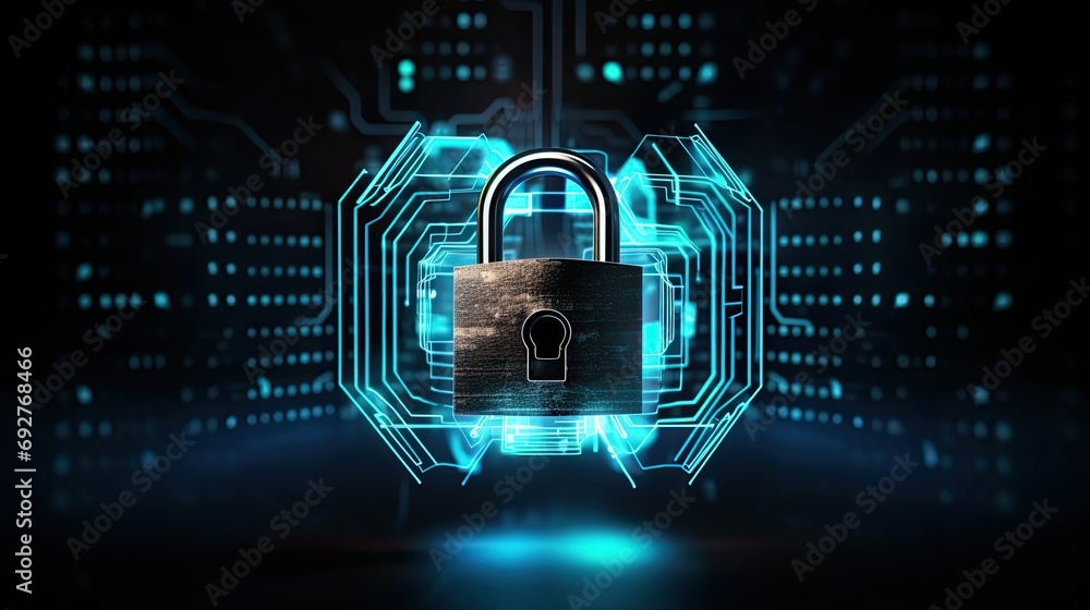 Poster digital padlock with virtual screen on dark background