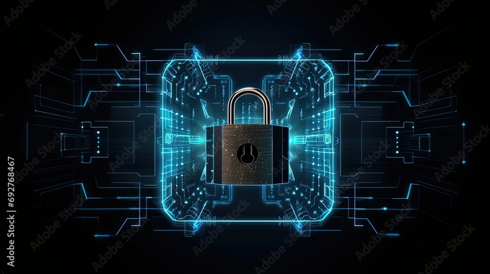 Poster digital padlock with virtual screen on dark background