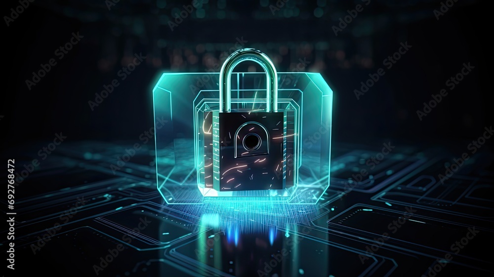 Poster digital padlock with virtual screen on dark background