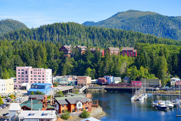 Aerial view of the marina of Ketchikan, the southernmost city of Alaska, surrounded by the Tongass National Forest - obrazy, fototapety, plakaty