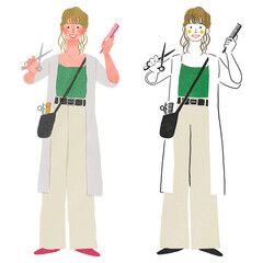 くしとハサミを持った美容師の女性の全身手描きイラスト