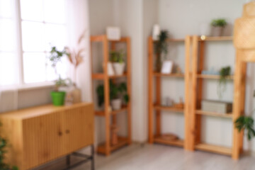 Blurred view of living room with green plants and shelf units