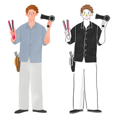 アイロンとドライヤーを持った美容師の男性の全身手描きイラスト