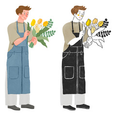 花屋で花束を作るエプロンをつけた男性店員の全身手描きイラスト