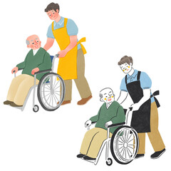 高齢者の男性の車椅子を押す介護士の男性全身手描きイラスト - obrazy, fototapety, plakaty