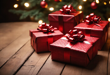 Obraz premium Beautiful red christmas presents with red bow
