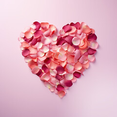 Heart arranged from flower petals on pink background, generative ai